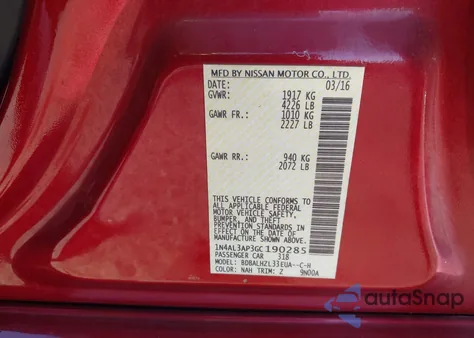 2016 Nissan Altima 2.5 Sr z USA, uszkodzony, nr VIN 1N4AL3AP3GC190285